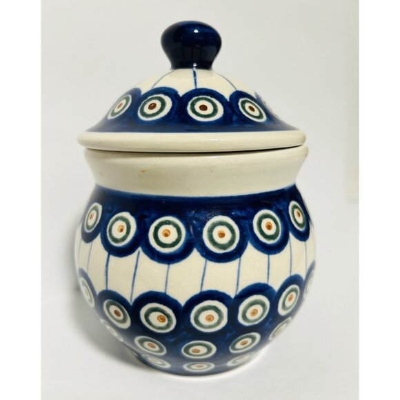Polish Pottery Canister Lidded Peacock Pattern  Bullseye Boleslawiec Poland 6x4 - Picture 1 of 9